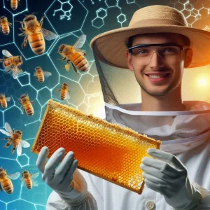 image of a beekeeper holding honeycomb